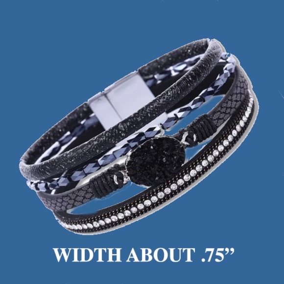 Ink Blue Multi Layer Bracelet - Crystal Studded Faux Leather Magnetic Clasp - Picture 3 of 4